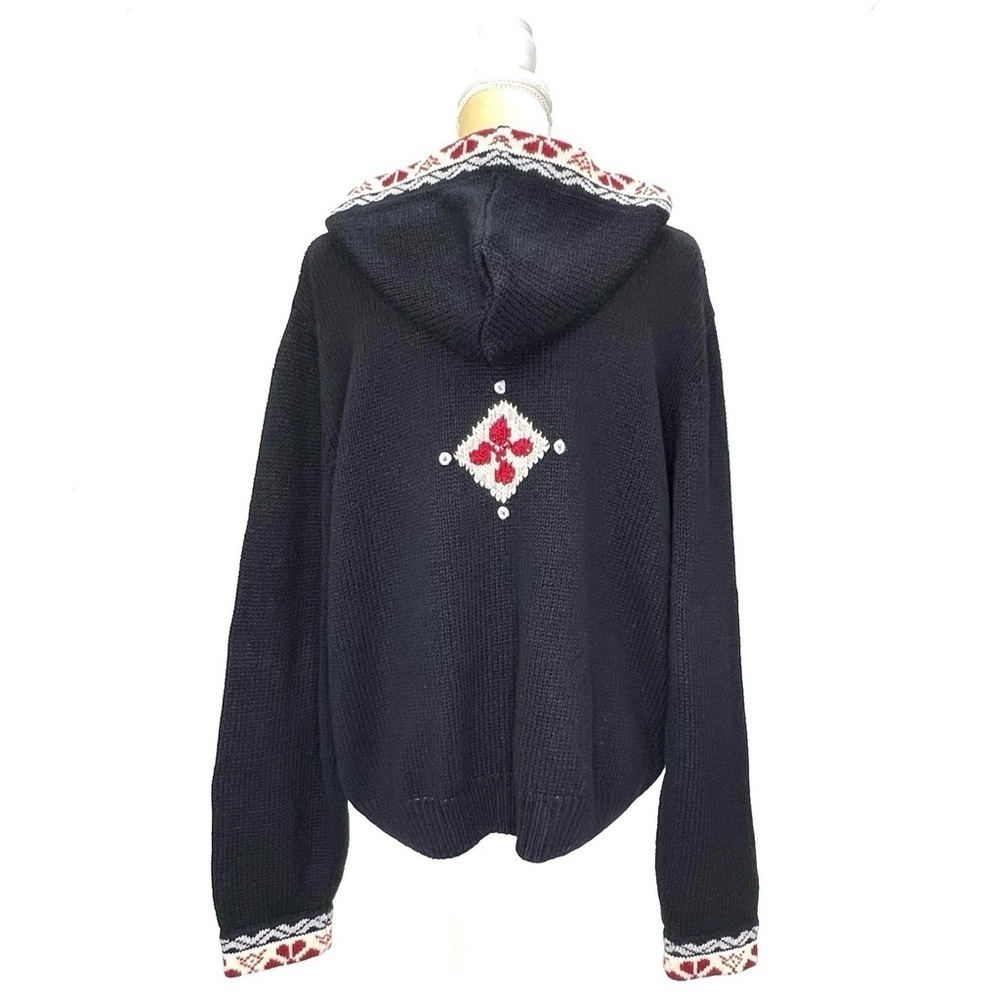 Woolrich Sweater Womens Size XL Ramie & Cotton Hooded Zip Front Black Red Blue - Picture 2 of 7
